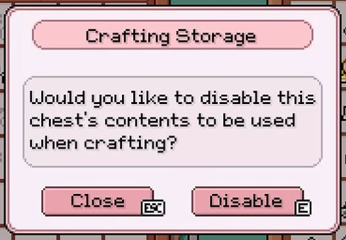 Crafting Storageの確認画面。右下のDisableで、この箱の材料利用を無効にします。