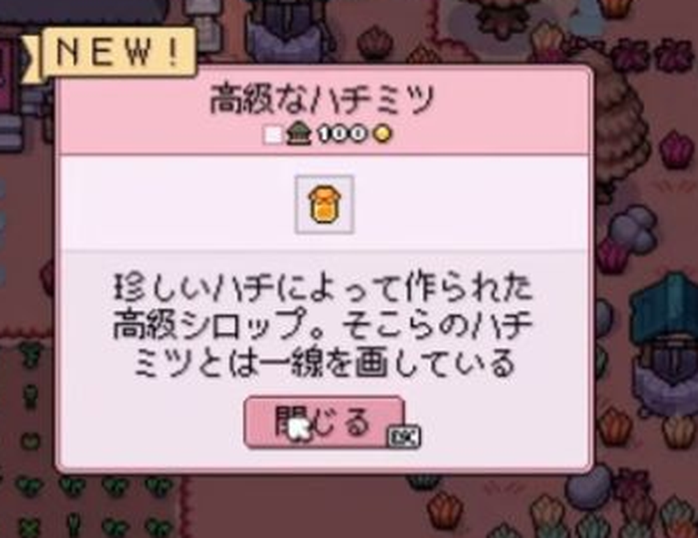 翌日に高級なハチミツを入手し説明と価格表示を確認した画面