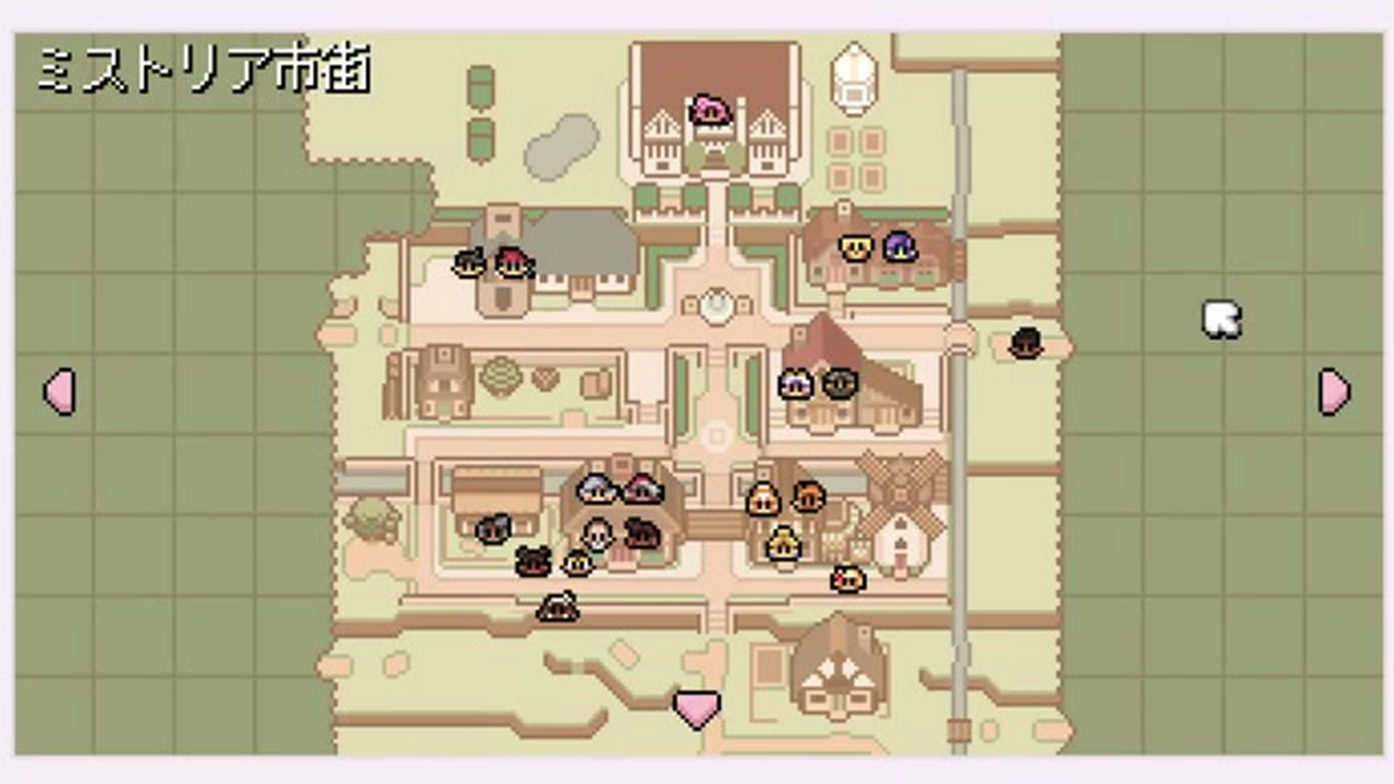 ミストリア市街の地図に住民の顔アイコンが表示されたゲーム画面